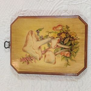 Mushrooms & Mice in Garden on Lacquered Beveled Vintage Plaque
